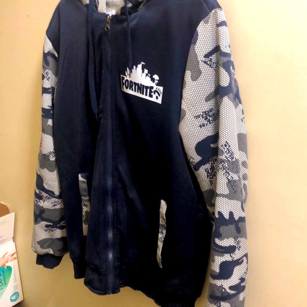 Blue and grey fortnight hooded jacket with fur interior